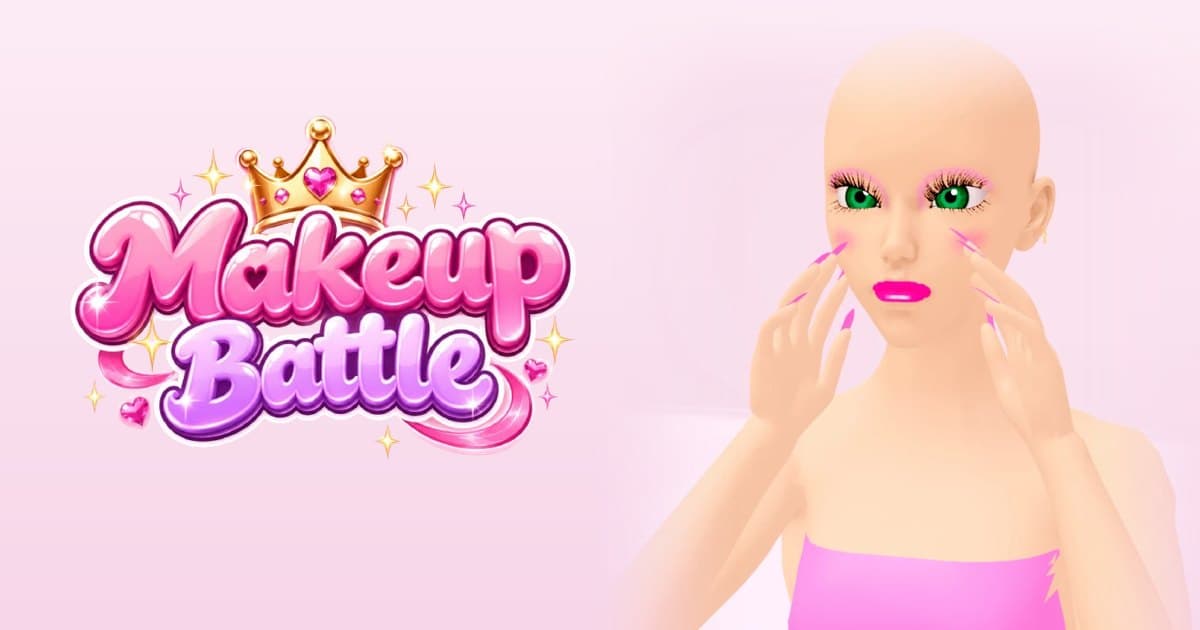 The Makeup Battle logo beside a character with pink makeup and long pink nails
