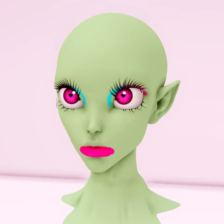 A mint-green Alien head with pointed ears, pink heart-pupil eyes, long lashes and pink lips