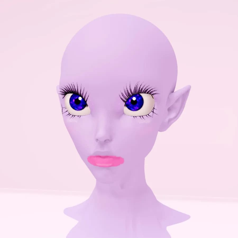 A lavender Alien head with galaxy-blue eyes, long lashes and candy-pink lips