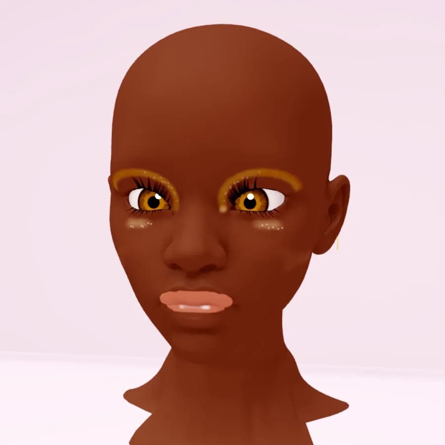 A Makeup Battle head with deep skin, metallic gold eyeshadow, honey eyes and a peach gloss