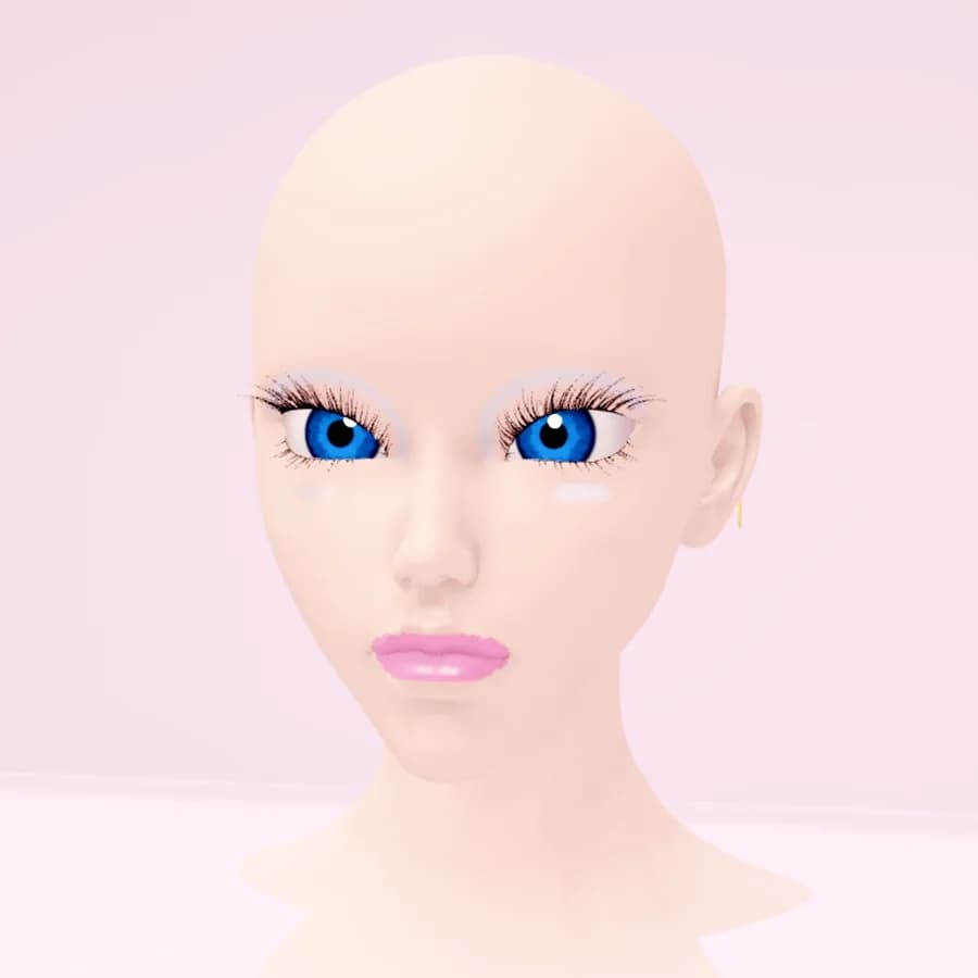 A Makeup Battle head with fair skin, icy shimmer eyeshadow, bright blue eyes and pale pink lips