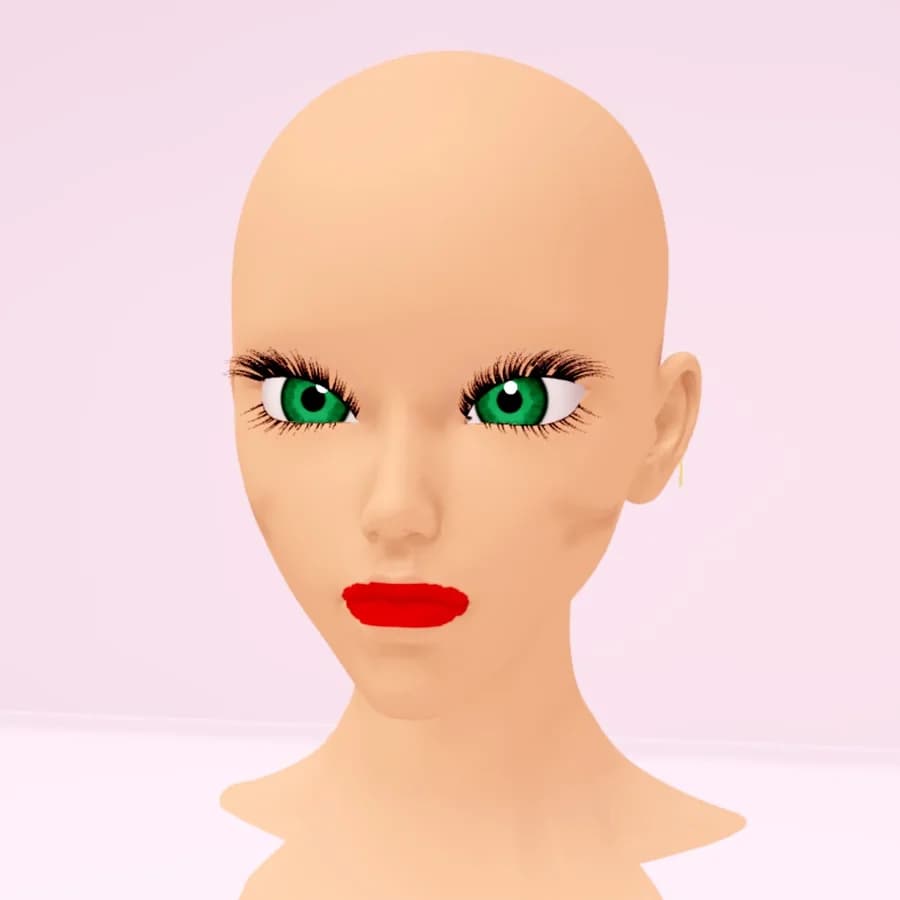 A Makeup Battle head with emerald eyes, dramatic lashes and a classic red lip