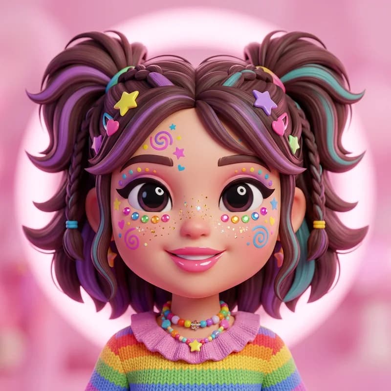 Festival theme reference art: a doll wearing the look. Rainbow gems and playful face art.