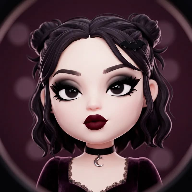 Gothic Glam theme reference art: a doll wearing the look. Smoky eyes, deep lips, dramatic contrast.