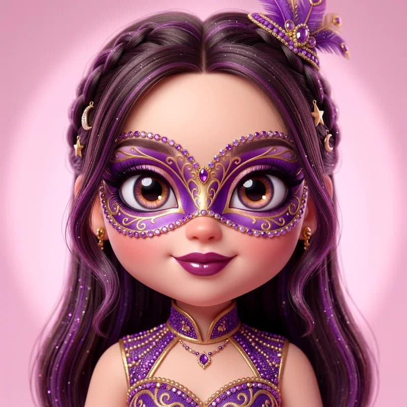 Masquerade theme reference art: a doll wearing the look. Mask-shaped shadow with jewels.
