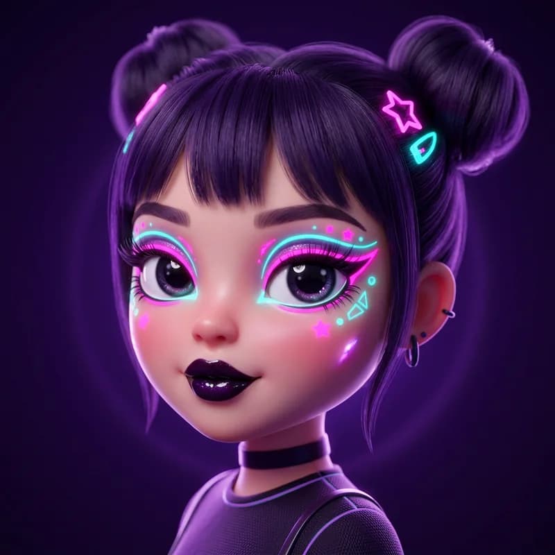 Neon Night theme reference art: a doll wearing the look. Electric liner that glows in the dark.