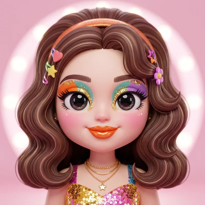 Retro Disco theme reference art: a doll wearing the look. Groovy color blocks and glitter.