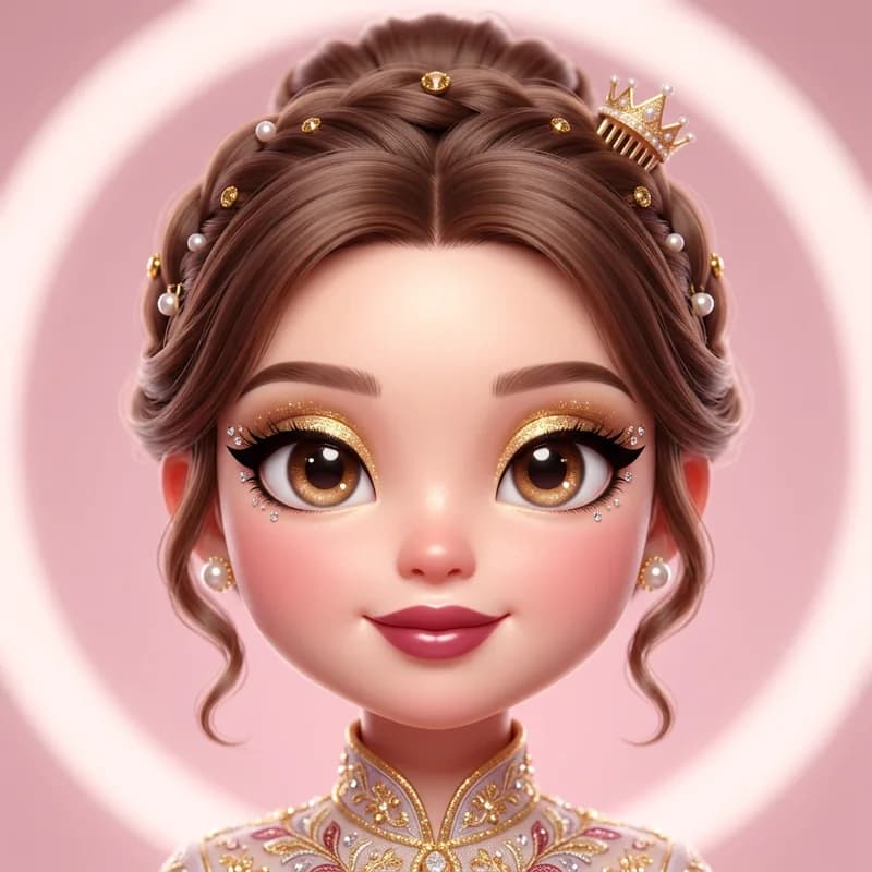 Royal Ball theme reference art: a doll wearing the look. Regal gold, jewels and elegant liner.