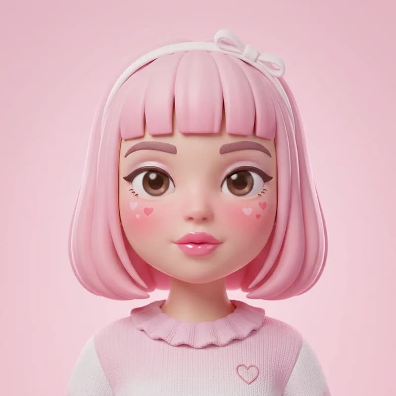 Sweetheart theme reference art: a doll wearing the look. Rosy cheeks, heart details, candy lips.