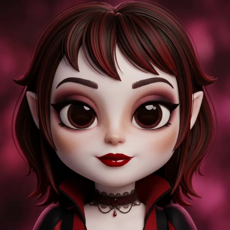 Vampire theme reference art: a doll wearing the look. Pale glamour, blood-red lips.