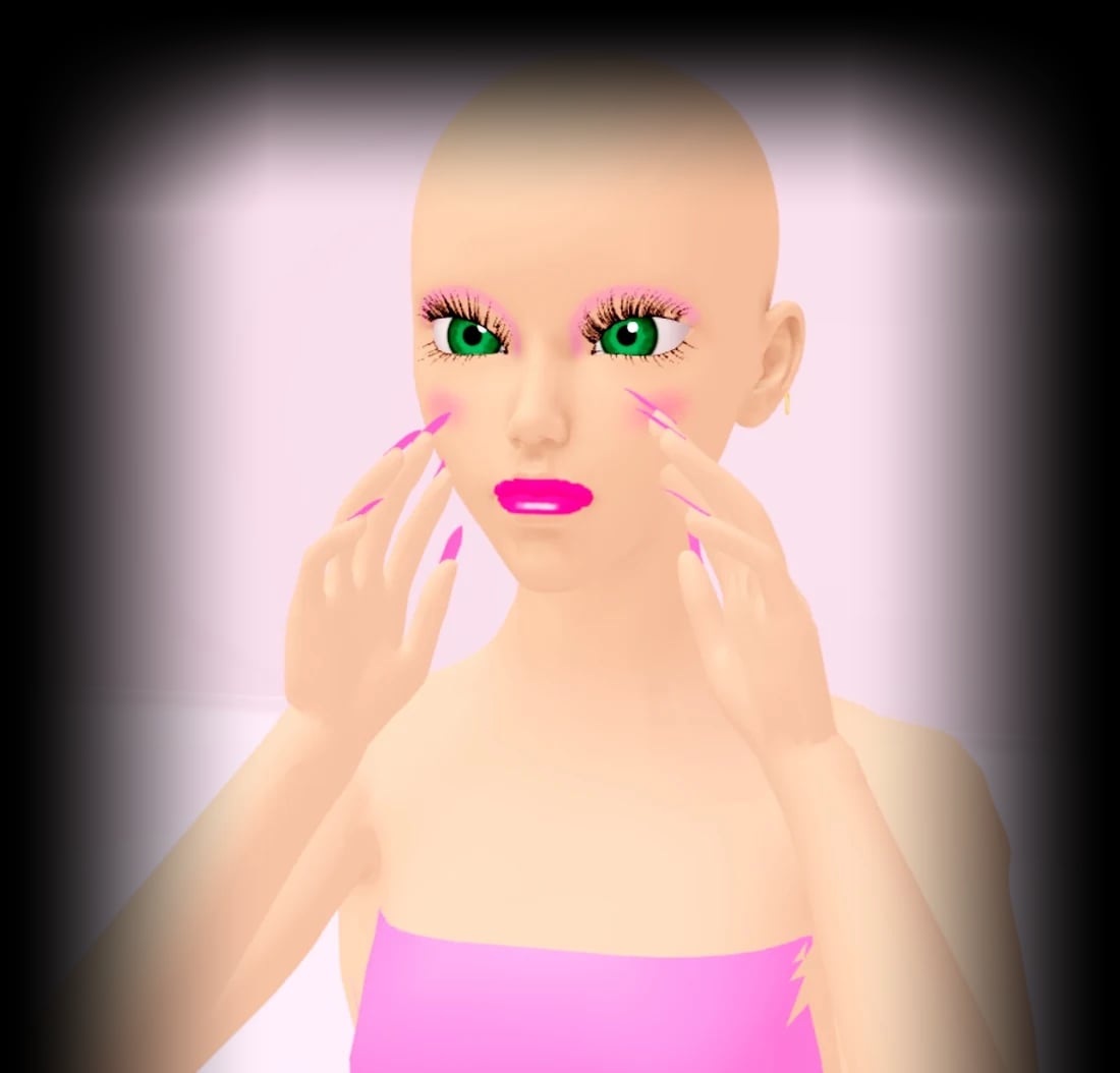 A Makeup Battle character with pink eyeshadow, glossy pink lips and long pink nails, framing her face with her hands