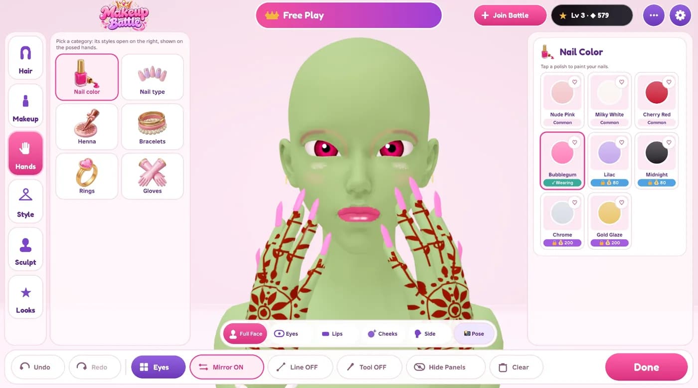 The Hands tab in Makeup Battle with nail colors, nail types, henna, bracelets, rings and gloves