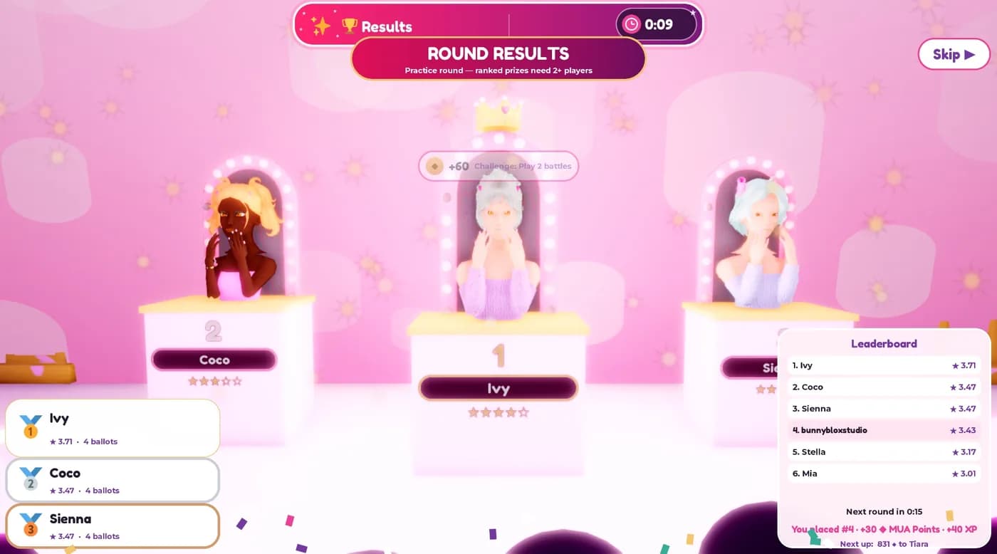 Round results in Makeup Battle: the winners' podium, star ratings and the leaderboard