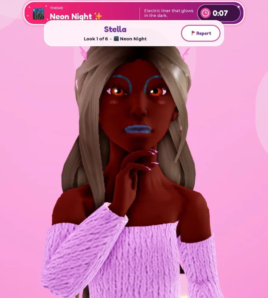 A contestant posing on the Makeup Battle runway during the Neon Night theme