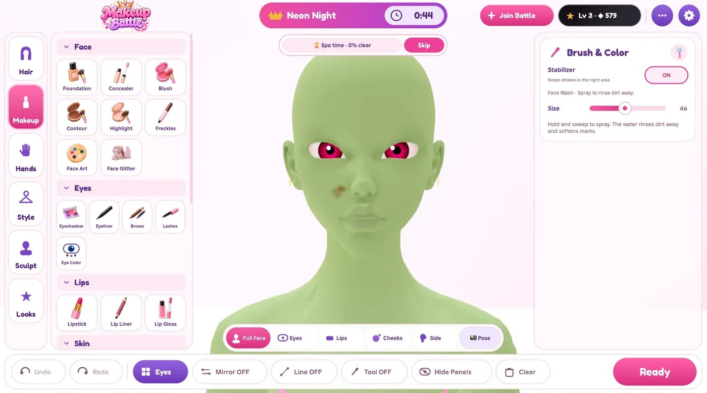 A battle in progress: the Neon Night theme and timer at the top, skin-prep tools and the makeup products around the face