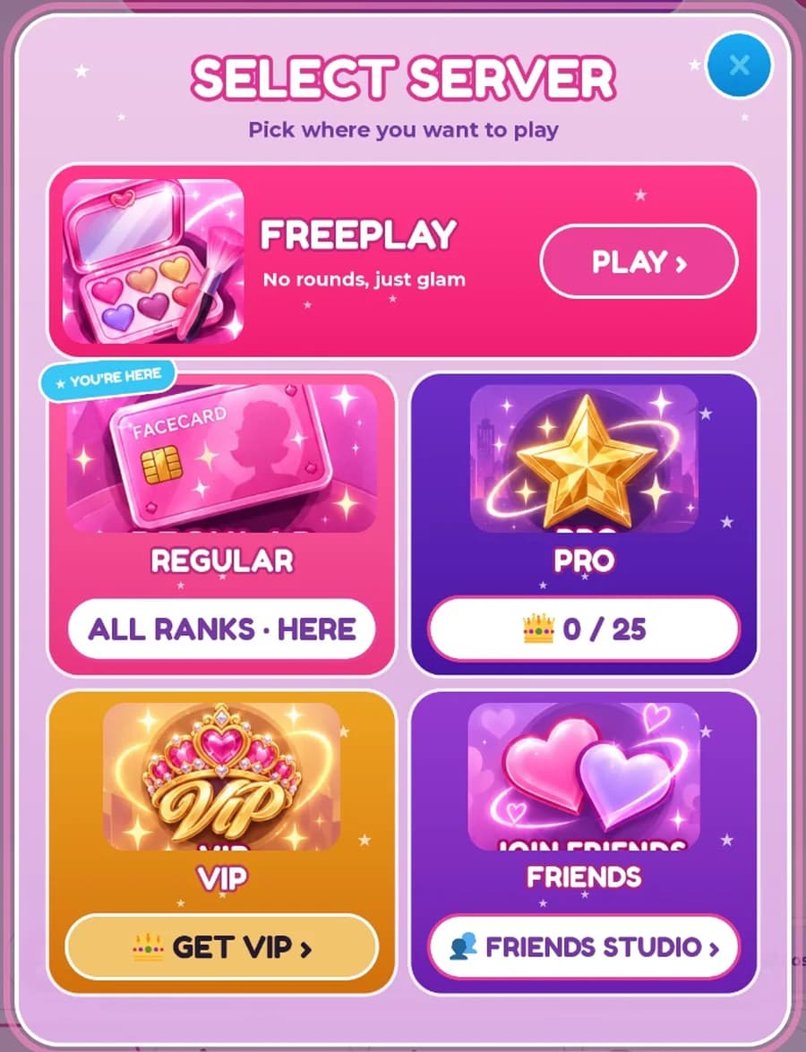 The Select Server screen in Makeup Battle with Freeplay, Regular, Pro, VIP and Join Friends cards