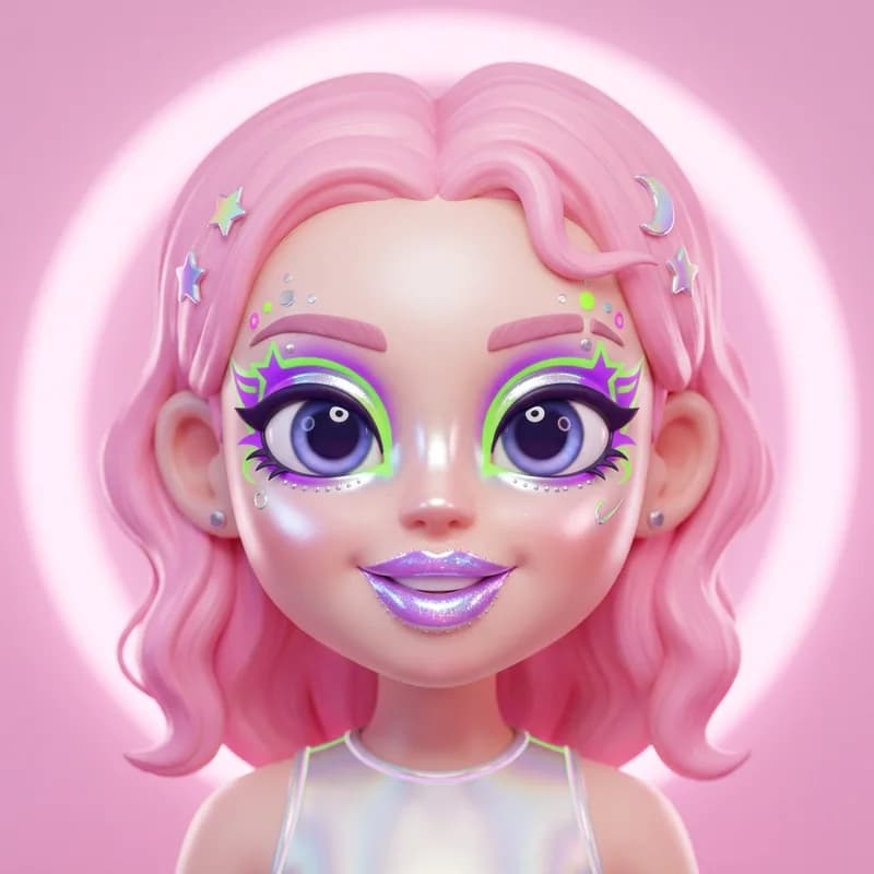 Alien Chic theme reference art: a doll wearing the look. Out-of-this-world neon and graphic shapes.