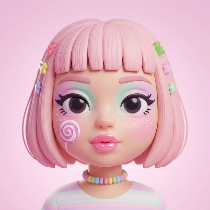 Candyland theme reference art: a doll wearing the look. Sugary pastels and lollipop swirls.