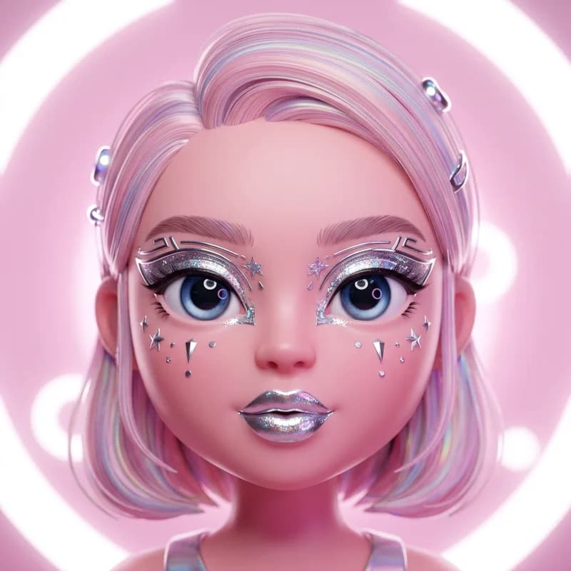 Cyber Glam theme reference art: a doll wearing the look. Metallic lines and futuristic shine.
