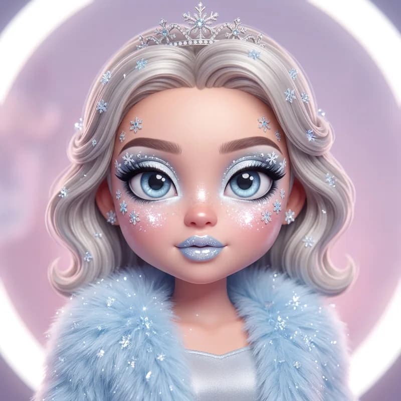 Ice Queen theme reference art: a doll wearing the look. Frozen highlights and silver frost.