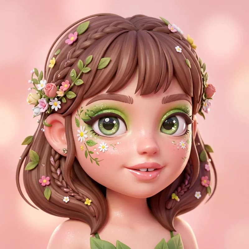 Nature Fairy theme reference art: a doll wearing the look. Leafy greens, florals and dewy skin.