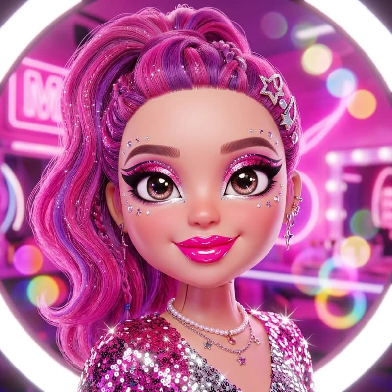 Pop Star theme reference art: a doll wearing the look. Stage-ready sparkle and bold liner.
