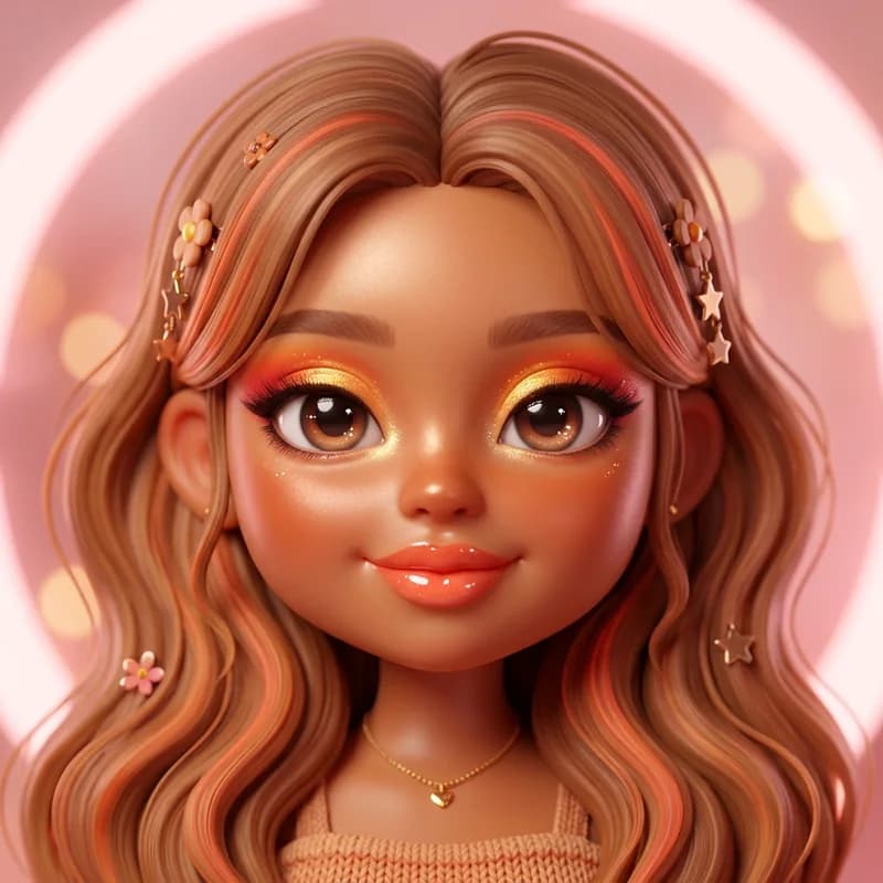 Sunset theme reference art: a doll wearing the look. Warm gradient eyes from gold to coral.