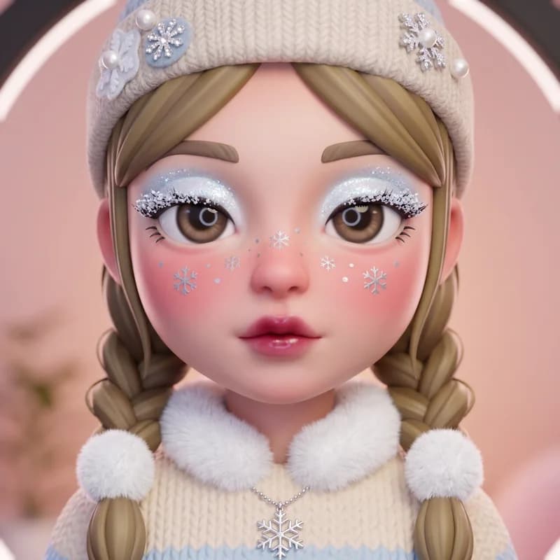 Winter Wonderland theme reference art: a doll wearing the look. Snowy shimmer with berry accents.