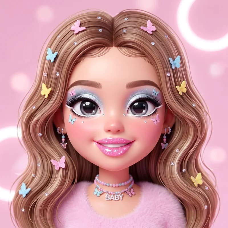 Y2K theme reference art: a doll wearing the look. Frosty shimmer, glossy lips, butterfly vibes.